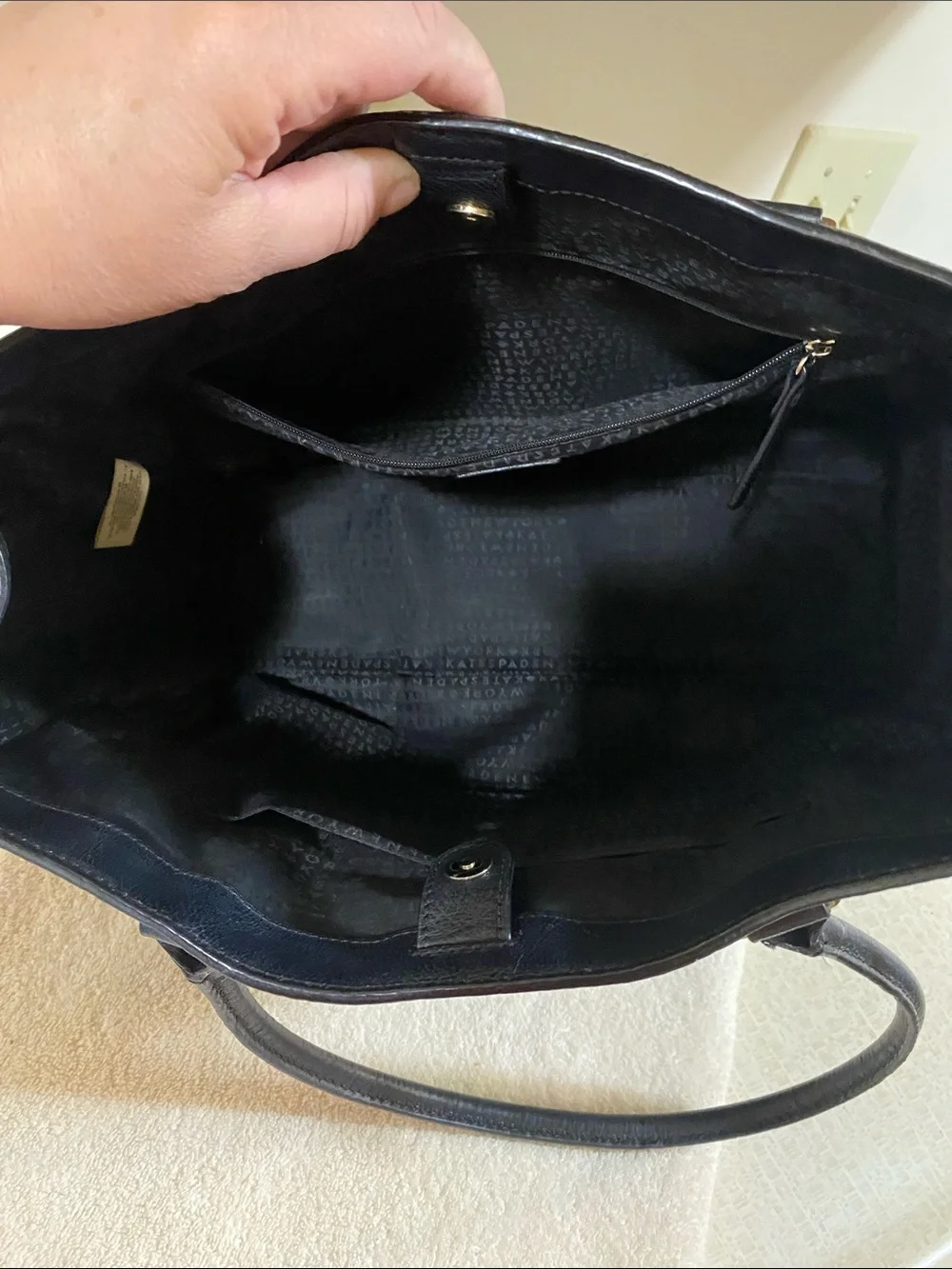 kate spade Black Leather Structured Tote with Gold Plaque